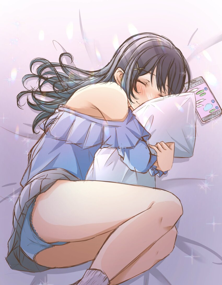 1girl ankle_socks bare_shoulders bed_sheet blouse blue_panties blush cellphone closed_eyes closed_mouth curly_hair double-parted_bangs feet_out_of_frame from_above grey_skirt hair_ornament hairclip highres hugging_object long_hair lying motimoti516moti on_side original panties phone pillow pillow_hug pleated_skirt purple_hair purple_shirt shirt sidelocks skirt smartphone smile socks underwear