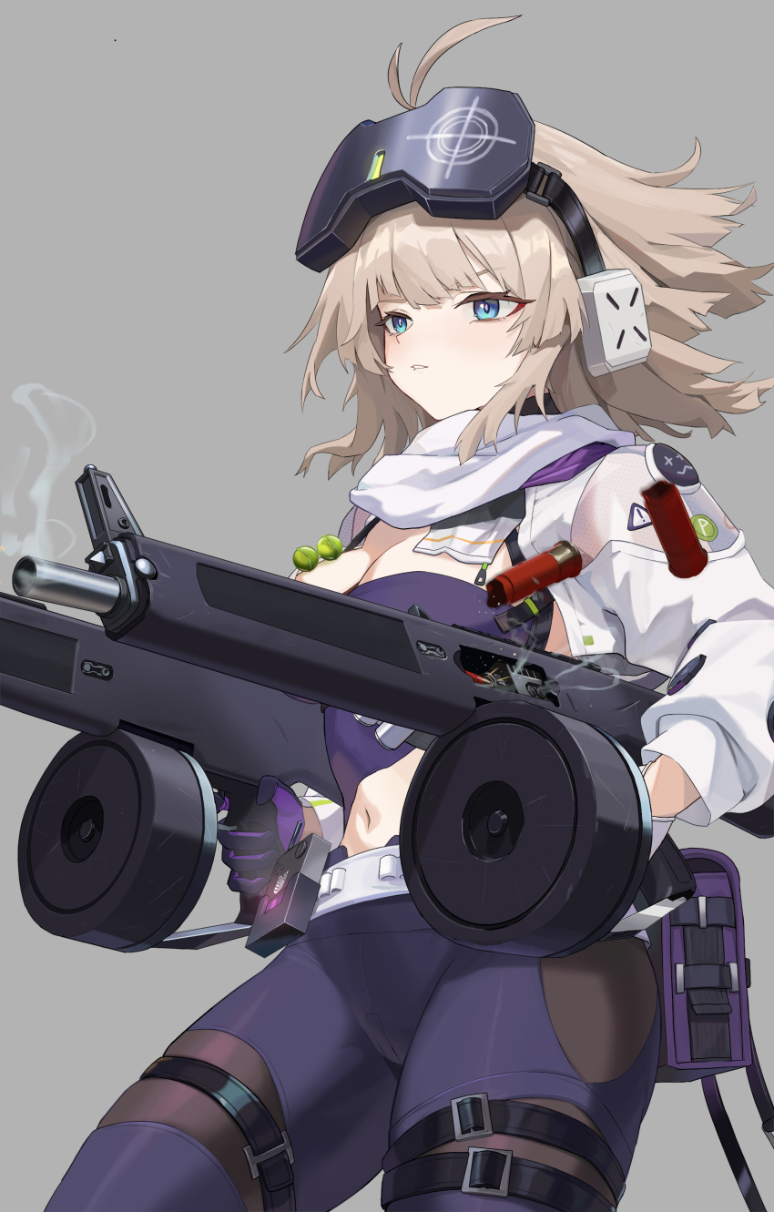 1girl aa-12 aa-12_(girls&#039;_frontline) absurdres black_gloves black_pants blue_eyes breasts cleavage commentary_request dual_wielding eyewear_on_head girls&#039;_frontline girls&#039;_frontline_2:_exilium gloves grey_hair gun haohaomaster head-mounted_display highres holding holding_gun holding_weapon jacket lind_(girls&#039;_frontline_2) medium_breasts medium_hair navel open_clothes open_jacket pants purple_gloves shell_casing shotgun simple_background smoke smoke_trail solo two-tone_gloves weapon white_jacket