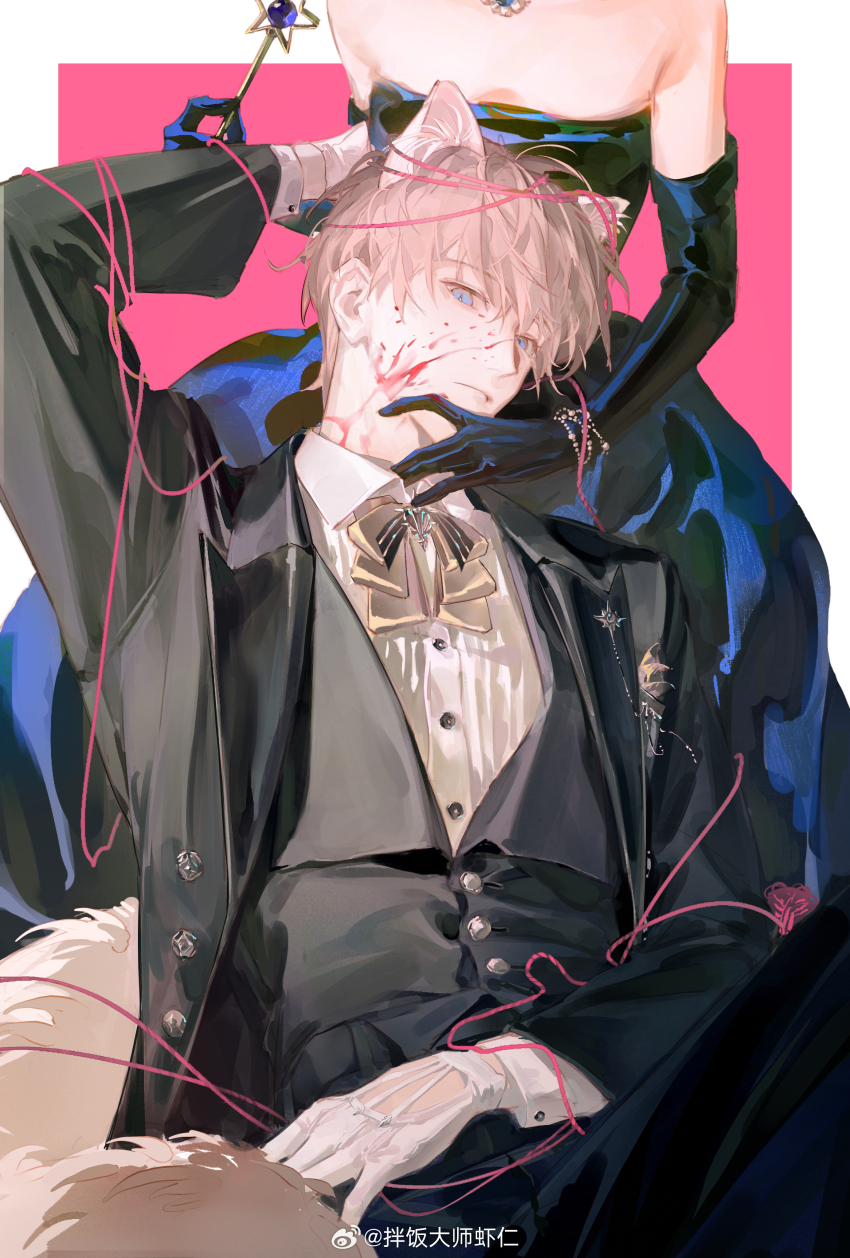 1boy 1girl absurdres ambiguous_red_liquid animal_ears aqua_eyes banfan_dashi_xiaren black_dress black_gloves black_jacket black_suit black_vest bow bowtie cat_boy cat_ears cat_tail closed_mouth collared_shirt dress dress_shirt eyes_visible_through_hair formal_clothes gloves hair_over_eyes head_out_of_frame highres jacket looking_at_viewer love_and_deepspace male_focus pink_hair protagonist_(love_and_deepspace) shirt sleeveless sleeveless_dress suit suit_jacket tail vest white_bow white_bowtie white_gloves white_shirt xavier_(love_and_deepspace)