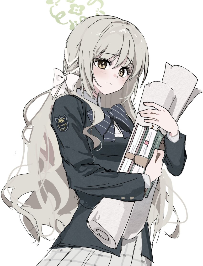 1girl black_bow black_bowtie black_jacket blue_archive blush book bow bowtie braid brown_eyes closed_mouth commentary_request emblem frown furrowed_brow grey_hair grey_skirt halo highres hugging_object jacket long_hair long_sleeves looking_at_viewer miyo_(blue_archive) school_uniform scroll side_braid simple_background sketch skirt solo white_background yuusaoconomi
