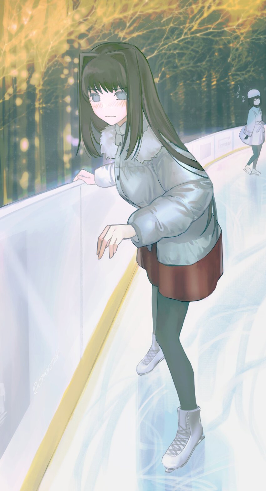 2girls absurdres aozaki_aoko black_gloves black_hair black_pantyhose blue_eyes blush bob_cut brown_hair coat fur-trimmed_jacket fur_trim gloves hair_intakes hat highres humming ice_skates ice_skating jacket kuonji_alice long_hair looking_at_viewer looking_to_the_side mahou_tsukai_no_yoru miniskirt multiple_girls musical_note pantyhose red_skirt short_hair sidelocks skates skating skirt tears white_coat white_fur white_hat white_jacket yuishironeko