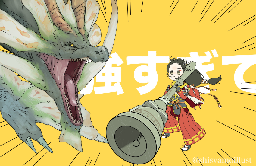 1girl amatsumagatsuchi artist_name black_hair dragon dragon_horns eastern_dragon emphasis_lines eyeliner fewer_digits fins flute gloves hakama head_fins highres holding holding_instrument horns hunting_horn instrument japanese_clothes jitome kyoufuu_all_back_(vocaloid) long_sleeves makeup marching minoto monster_hunter_(series) monster_hunter_rise music nostrils open_mouth parody playing_instrument recorder roaring sandals sharp_teeth shishamo_(shisyamo) tabi teeth wind yellow_background yellow_eyes