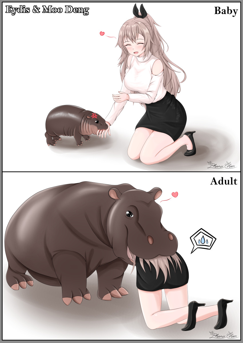 1girl ^_^ absurdres age_progression anger_vein biting black_eyes black_footwear black_ribbon black_skirt blush breasts brown_hair character_name closed_eyes clothing_cutout commentary english_commentary eydis_(sao) hair_ribbon heart high_heels highres hippopotamus long_hair medium_breasts moo_deng phanuchan ponytail real_life ribbon shadow shirt shoulder_cutout signature skirt smile speech_bubble spoken_heart spoken_sweatdrop sweatdrop sword_art_online sword_art_online:_alicization sword_art_online:_unleashed_blading very_long_hair white_background white_shirt
