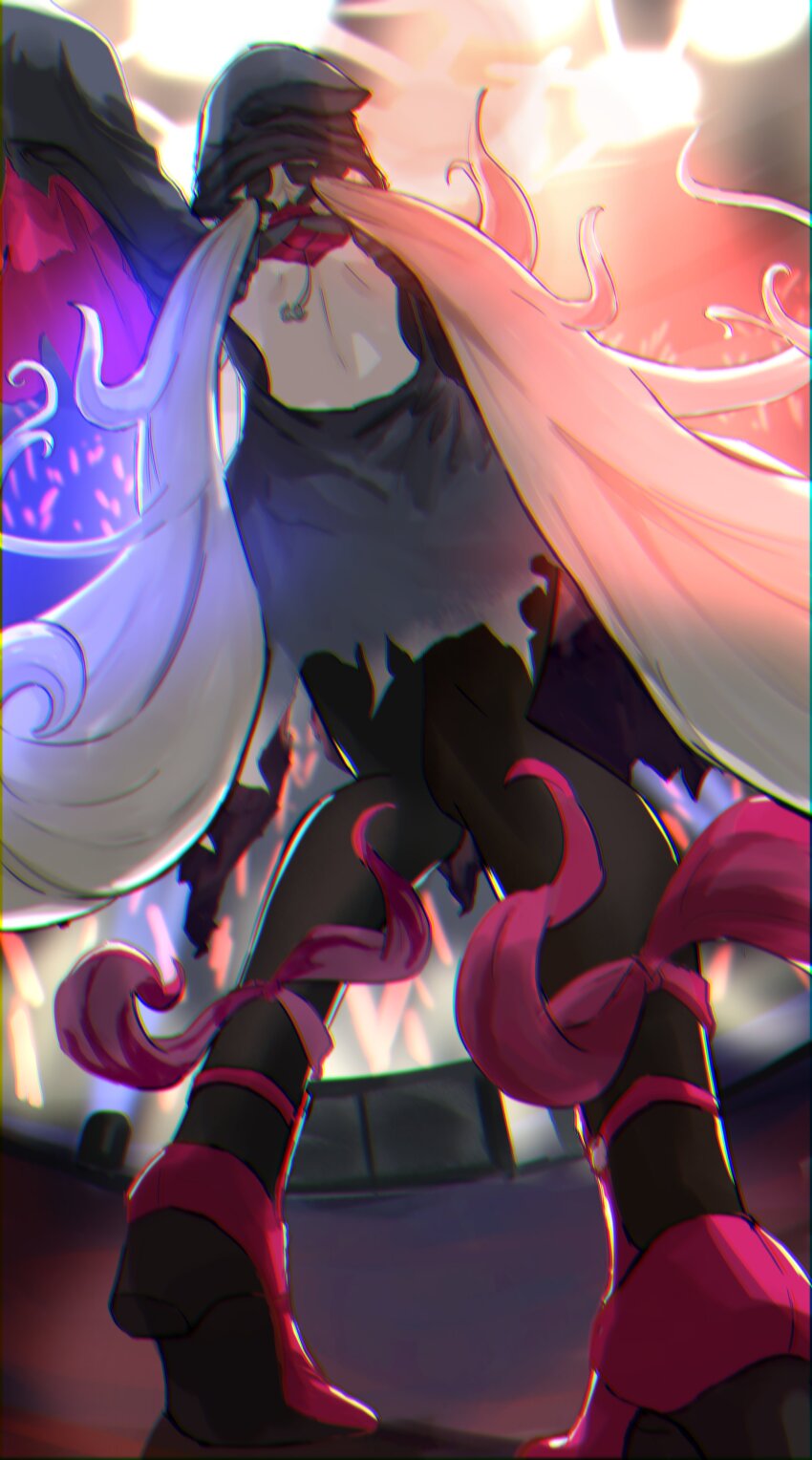 1girl absurdres arm_up back backless_dress backless_outfit bare_back black_pantyhose crowd dontsu dress from_behind full_body glowstick grey_hair hat high_heels highres long_hair long_sleeves low_twintails nijisanji nijisanji_en pantyhose penlight_(glowstick) reimu_endou reimu_endou_(1st_costume) sleeves_past_fingers sleeves_past_wrists stage stage_lights twintails very_long_hair virtual_youtuber