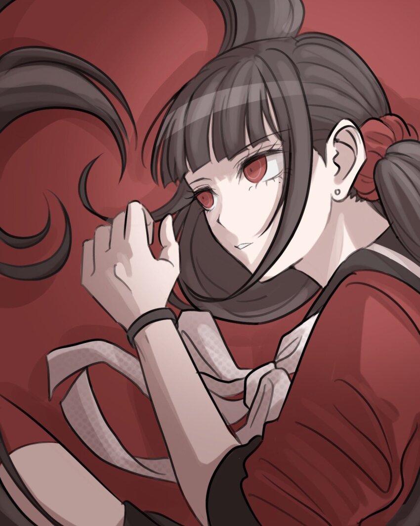 1girl blunt_bangs brown_hair danganronpa_(series) danganronpa_v3:_killing_harmony gradient_background hair_ornament hair_scrunchie hand_up harukawa_maki hato_ya_ma highres long_hair long_sleeves low_twintails lying mole mole_under_eye on_side red_background red_eyes red_scrunchie red_shirt red_thighhighs scrunchie shirt teeth thighhighs twintails