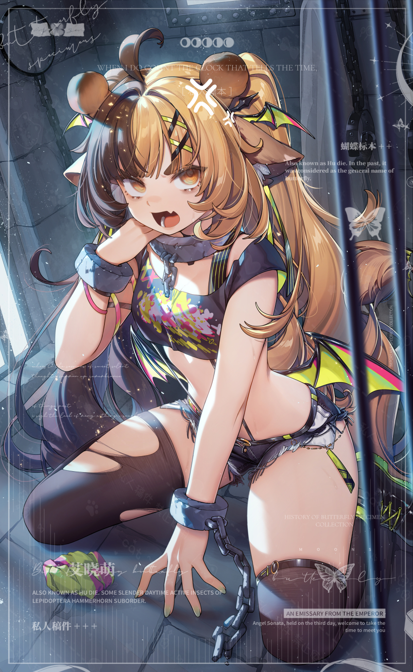 1girl absurdres ahoge anger_vein angry animal_ear_fluff animal_ears black_shirt black_thighhighs blue_shorts brown_eyes brown_hair chain chinese_commentary chinese_text commentary_request cropped_shirt cuffs de_da_xianyu deer_ears deer_girl demon_wings denim denim_shorts english_text exposed_pocket fake_wings fang fingernails green_nails hair_ornament highres indoors kneeling long_hair looking_at_viewer low_wings micro_shorts multicolored_hair nail_polish open_mouth original ponytail prison_cell shackles shirt short_eyebrows short_sleeves shorts skin_fang solo split-color_hair stone_floor sweat thick_eyebrows thighhighs torn_clothes torn_thighhighs translation_request two-tone_hair v-shaped_eyebrows very_long_hair watermark wing_hair_ornament wings