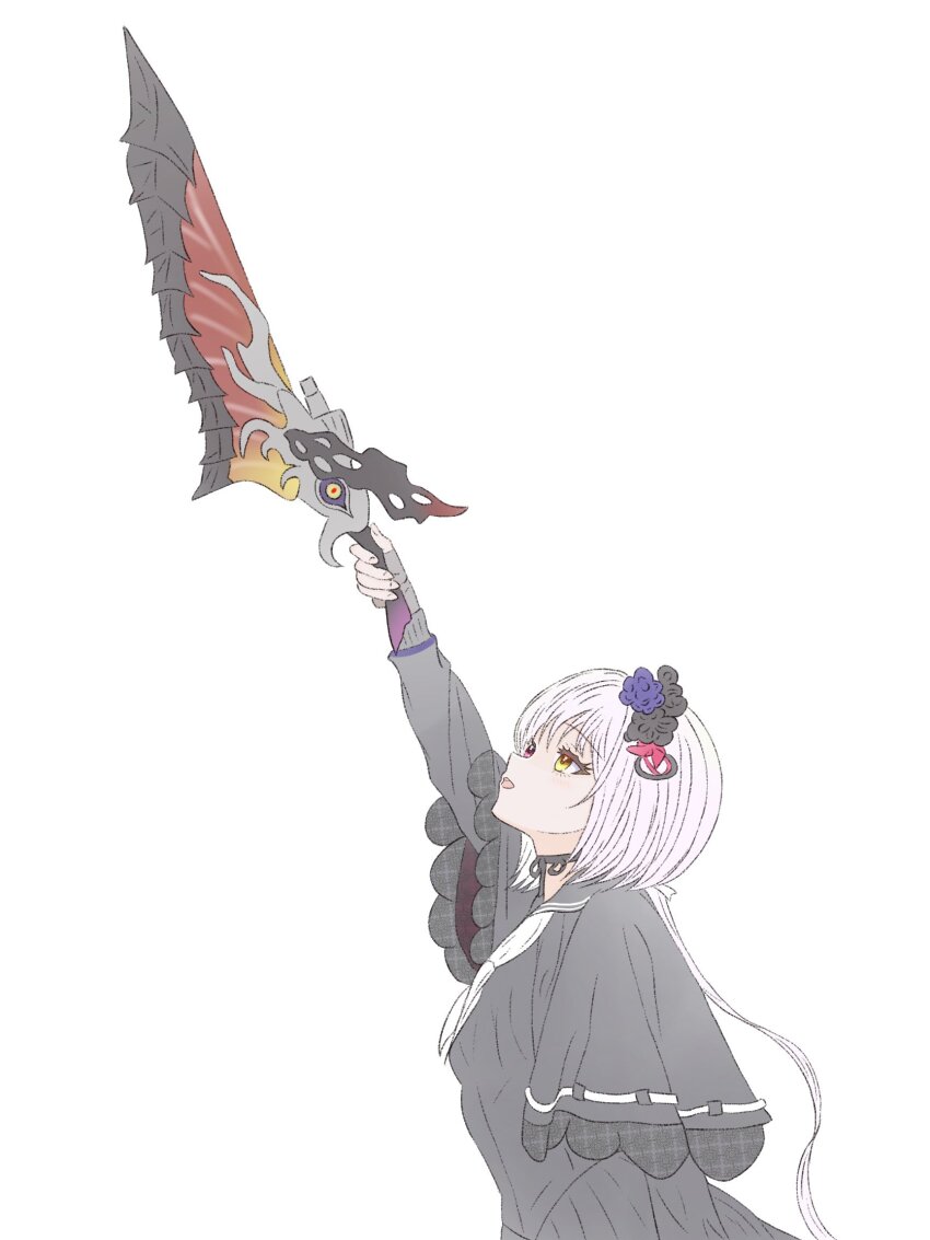 1girl arm_at_side arm_up assault_lily black_capelet black_choker black_flower black_serafuku black_shirt black_skirt blush capelet choker commentary_request fingerless_gloves flower from_side gloves grey_gloves grey_hair hair_flower hair_ornament heterochromia highres holding holding_sword holding_weapon long_hair long_sleeves looking_ahead looking_up low_ponytail neckerchief outstretched_arm parted_lips pickles_(picpicpickles) pink_eyes pleated_skirt ponytail purple_flower red_flower ribbon-trimmed_capelet ribbon_choker ribbon_trim school_uniform serafuku shirt simple_background skirt smile solo sword teeth upper_body upper_teeth_only weapon white_background white_neckerchief yamaguchi_chihiro_(assault_lily) yellow_eyes