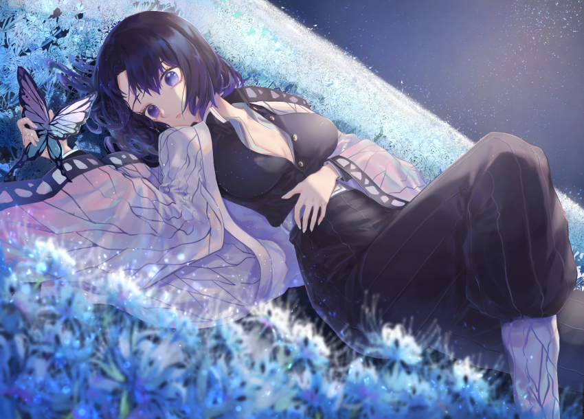 1girl bad_id bad_pixiv_id black_hair black_jacket black_pants blue_flower blue_spider_lily breasts cleavage closed_mouth female_focus field flower flower_field gradient_hair haori highres holding jacket japanese_clothes kimetsu_no_yaiba kochou_shinobu long_sleeves lying medium_breasts multicolored_hair night on_back outdoors pants purple_eyes purple_hair seul11012 short_hair solo spider_lily wide_sleeves