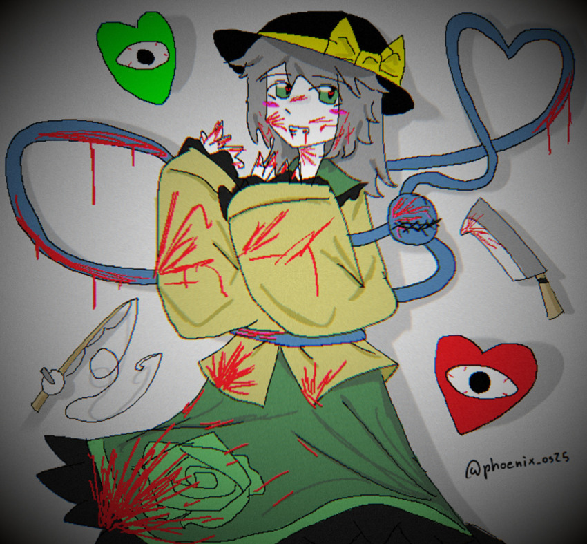 1girl blood blood_in_hair blood_in_mouth blood_on_clothes blood_on_face blood_splatter blush fingernails fishing_rod green_eyes green_skirt grey_background grey_hair grin hat hat_ribbon hatchet heart heart-shaped_pupils koishi_komeiji&#039;s_heart-throbbing_adventure komeiji_koishi looking_at_viewer pale_skin ribbon sharp_fingernails shirt simple_background skirt smile symbol-shaped_pupils third_eye touhou yellow_shirt