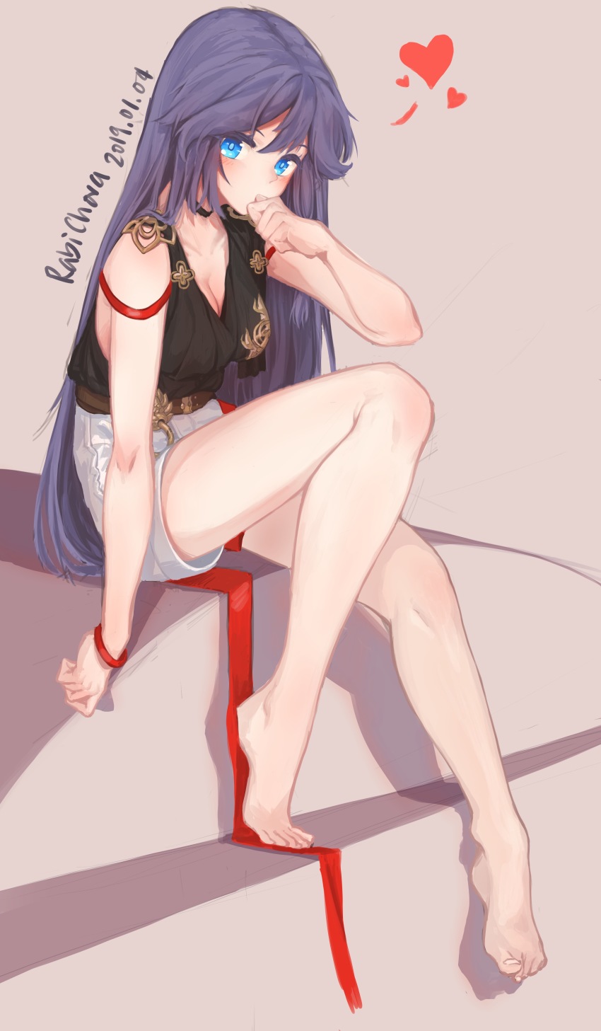 1girl absurdres arm_at_side artist_name bare_legs bare_shoulders barefoot belt black_choker blue_eyes blush bracelet breasts choker cleavage closed_eyes collar colored_eyelashes commentary cyta_celest dated female_focus from_side fu_hua fu_hua_(night_squire) fu_hua_(rustic_noir) full_body hand_up heart highres honkai_(series) honkai_impact_3rd jewelry knee_up long_hair looking_at_viewer looking_to_the_side medium_breasts medium_hair pink_background purple_hair shorts simple_background sitting solo spread_legs stairs straight_hair symbol-only_commentary thumb_to_mouth very_long_hair white_shorts