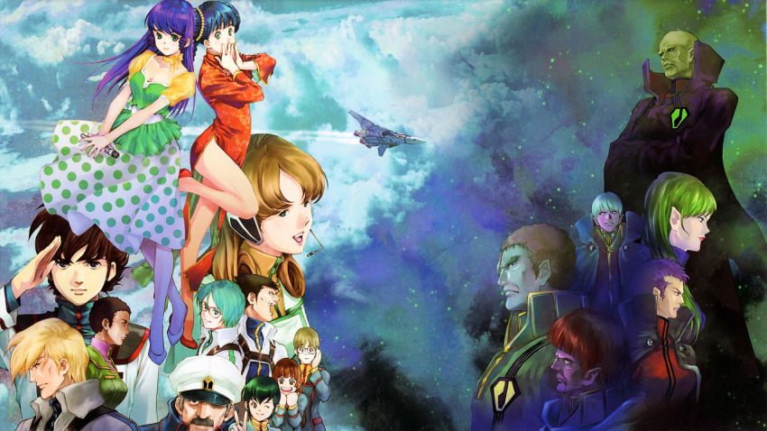alien angry bald black_eyes black_hair blonde_hair blue_eyes blue_hair blue_skin boddole_zer box_art brown_eyes brown_hair cape china_dress chinese_clothes choujikuu_yousai_macross cloud colored_skin cyborg dark_skin dress dual_persona emblem exsedol_folmo eyebrows faceplate facial_hair flying focker_roy giant giantess glasses global_j._bruno green_eyes green_hair green_skin hands_on_own_cheeks hands_on_own_face hat hayase_misa headgear ichijou_hikaru jenius_maximilian jenius_milia kabirov_kim kakizaki_hayao laird_vanessa lasalle_claudia long_hair looking_at_viewer lynn_minmay macross manly mecha meltrandi microphone mikimoto_haruhiko military military_uniform milliome_shammy moruk_lap_lamiz multiple_boys multiple_girls mustache official_art one_eye_closed orange_hair pilot_suit pointy_ears promotional_art purple_skin robot salute science_fiction serious short_hair shouting skirt sky songstress space star_(sky) starry_sky u.n._spacy v vf-1 vrlitwhai_kridanik white_eyes zentradi