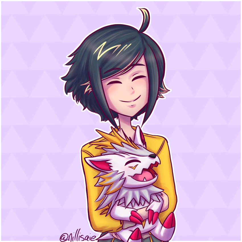 black_hair blonde_hair claws closed_eyes digimon digimon_rearise fang female_protagonist_(digimon_rearise) happy herissmon highres multicolored_hair nillisaie open_mouth short_hair smile