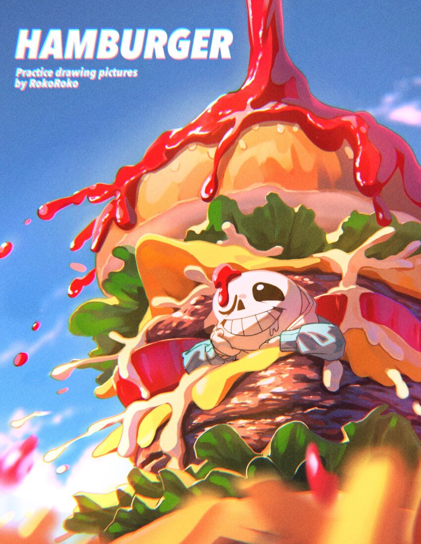 1boy artist_name blue_jacket burger cheese english_text food grin highres hollow_eyes jacket korokor59513559 lettuce male_focus meatball oversized_food oversized_object sans_(undertale) skeleton smile solo spilling teeth tomato undertale