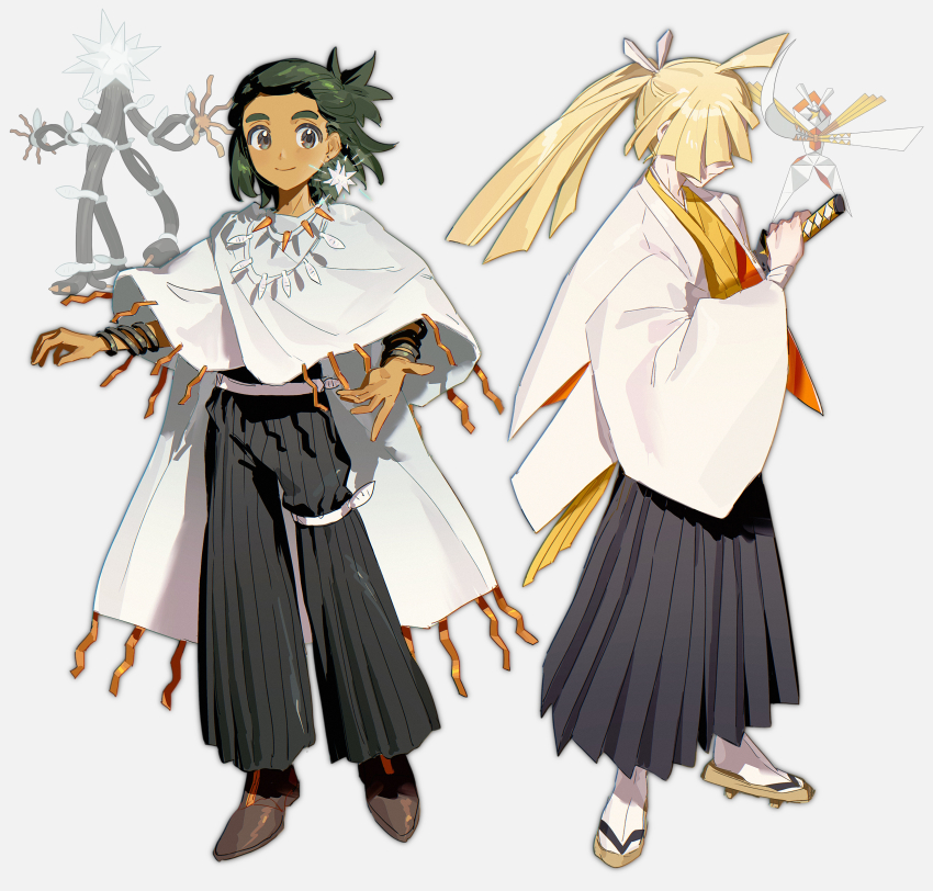 2boys absurdres ahoge alternate_costume alternate_hairstyle belt black_hakama black_pants blonde_hair bracelet brown_shoes closed_mouth cosplay dark-skinned_male dark_skin earrings facing_ahead fua1heyvot4ifsr full_body gen_7_pokemon geta gladion_(pokemon) green_eyes green_hair hair_ornament hair_over_eyes hair_stick hakama hakama_pants hand_on_hilt haori hau_(pokemon) high_ponytail highres holding holding_sword holding_weapon japanese_clothes jewelry kartana kartana_(cosplay) katana kimono leg_belt long_hair looking_at_viewer male_focus medium_hair multiple_boys nintendo open_hands outstretched_arms pants pleated_pants pokemon pokemon_sm ponytail reference_inset shoes short_ponytail simple_background smile socks standing sword three_quarter_view ultra_beast weapon white_background white_belt white_haori white_poncho white_socks wide_sleeves xurkitree xurkitree_(cosplay) yellow_kimono