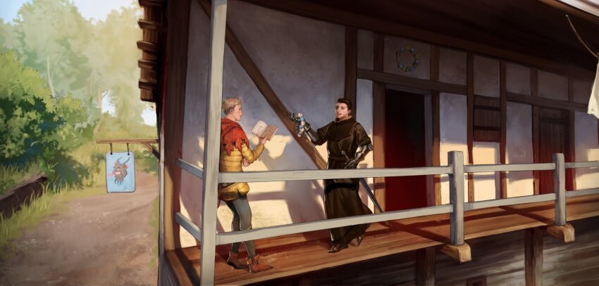 2boys black_coat black_hair blonde_hair blood blood_on_clothes blood_on_face blue_pants blue_sky blush book brown_shoes building cape coat commentary commission english_commentary flower forest from_side full_body gauntlets hans_capon henry_of_skalitz highres holding holding_book holding_flower holding_sword holding_weapon jacket kingdom_come:_deliverance_ii looking_at_another male_focus multiple_boys nature open_mouth outdoors pants red_cape revision sabaton shadow shoes short_hair sky smile standing sword tworain_w weapon wooden_door yellow_jacket