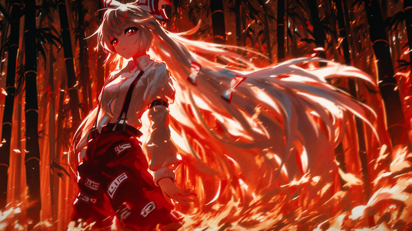 1girl bamboo bamboo_forest bow closed_mouth collared_shirt commentary feet_out_of_frame fire forest fujiwara_no_mokou hair_bow long_hair looking_at_viewer nature ofuda ofuda_on_clothes outdoors pants red_eyes red_pants shirt solo suspenders touhou very_long_hair white_bow white_hair white_shirt xiirus