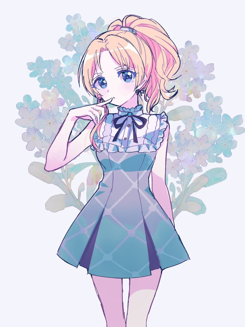 1girl absurdres arm_at_side birthday blonde_hair blue_eyes breasts buttons collar commentary dress earrings finger_to_mouth floral_background flower frilled_collar frilled_dress frills grey_dress hand_up high_ponytail highres idolmaster idolmaster_cinderella_girls idolmaster_cinderella_girls_starlight_stage jewelry kanipoposu kiryu_tsukasa_(idolmaster) light_blush long_hair medium_breasts neck_ribbon official_alternate_costume official_alternate_hairstyle open_mouth parted_bangs parted_lips ponytail purple_ribbon ribbon ribbon_earrings sidelocks sleeveless sleeveless_dress standing straight-on straight_hair white_background