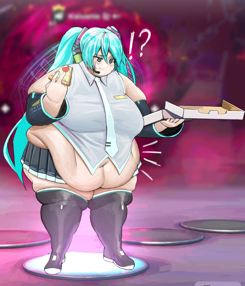 1girl absurdres alternate_body_size alternate_breast_size aqua_eyes aqua_hair aqua_necktie bad_link big_belly black_footwear black_skirt black_sleeves breasts collared_shirt detached_sleeves fat fat_female fat_woman food fortnite game_screenshot_background hatsune_miku highres large_breasts long_hair microphone navel necktie obese obese_female pizza pizza_box pizza_slice pleated_skirt presiart screenshot_background shirt skirt sleeveless sleeveless_shirt solo thick_neck thick_thighs thighs twintails vocaloid weight_gain