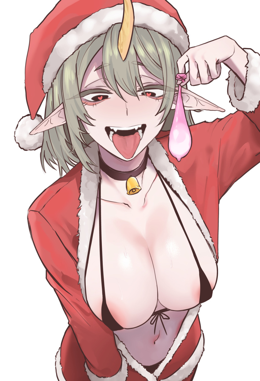 1girl :p absurdres alternate_costume bikini black_bikini breasts cleavage condom cowboy_shot cum fangs green_hair hair_between_eyes hat heart heart-shaped_pupils highres holding holding_condom horns large_breasts league_of_legends navel pointy_ears red_hat santa_hat simple_background single_horn smile soraka_(league_of_legends) star_guardian_(league_of_legends) star_guardian_soraka swimsuit symbol-shaped_pupils teeth tongue tongue_out used_condom yulisae