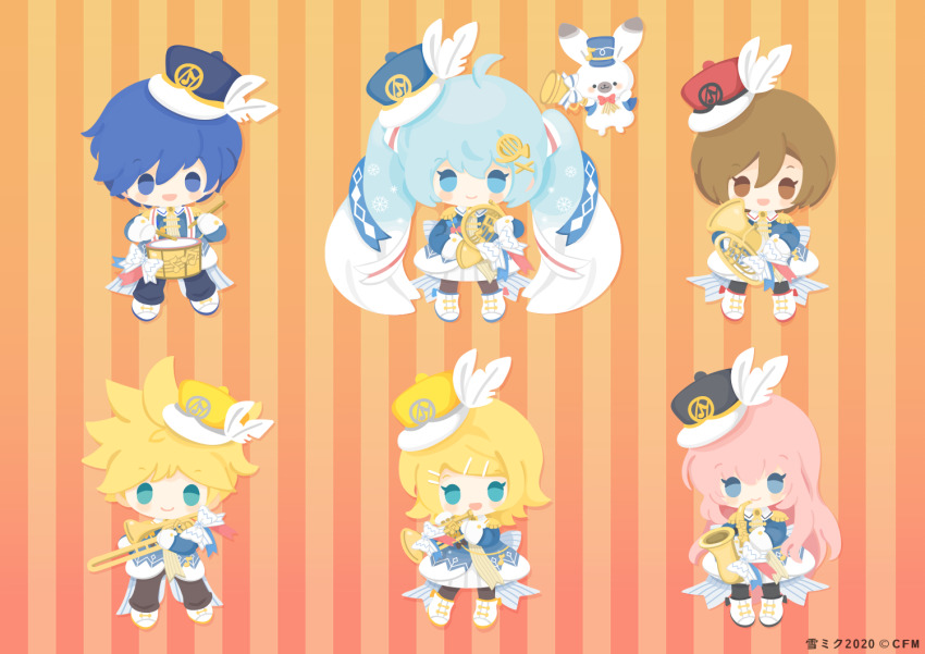 2boys 4girls :d ahoge aqua_eyes aqua_hair back_bow black_hat blonde_hair blue_coat blue_dress blue_eyes blue_hair blue_hat blue_pants bow bowtie brown_eyes brown_hair coat copyright_name dress drum drumsticks epaulettes french_horn full_body gloves hair_between_eyes hat hat_feather hatsune_miku holding holding_drumsticks holding_instrument instrument kagamine_len kagamine_rin kaito_(vocaloid) looking_at_viewer megurine_luka meiko meiko_(vocaloid) mini_hat multiple_boys multiple_girls official_art open_mouth pants pink_hair rabbit_yukine red_bow red_bowtie red_hat rizu_(rizunm) saxophone shako_cap skirt smile standing striped_background striped_bow top_hat trombone trumpet tuba twintails vocaloid white_footwear white_gloves white_hair white_skirt yellow_hat yuki_kaito yuki_len yuki_luka yuki_meiko yuki_miku yuki_miku_(2020) yuki_rin