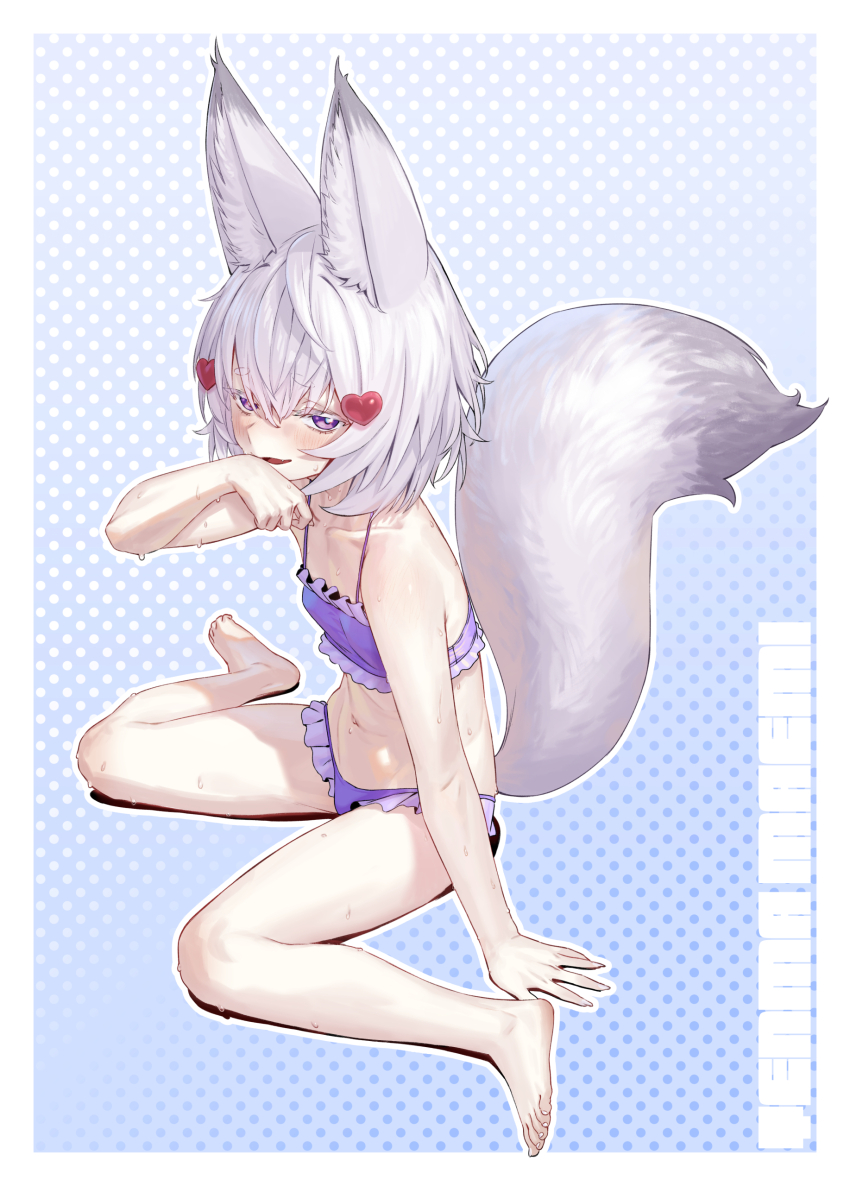 1girl absurdres agemmata animal_ear_fluff animal_ears arm_support barefoot bikini blush bob_cut character_name dripping fox_ears fox_girl fox_tail frilled_bandeau frilled_bikini frills full_body groin hair_ornament heart heart_hair_ornament highres large_tail looking_at_viewer navel open_mouth phase_connect pink_eyes purple_bikini short_eyebrows short_hair sitting solo spaghetti_strap swimsuit tail tenma_maemi thick_eyebrows virtual_youtuber wariza wet white_hair white_tail