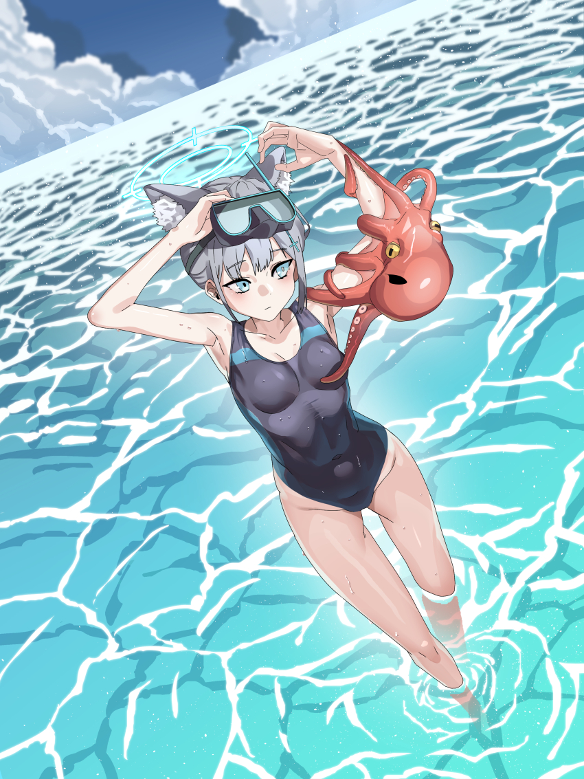1girl absurdres animal_ear_fluff animal_ears black_one-piece_swimsuit blue_archive blue_eyes blue_sky breasts cloud competition_swimsuit covered_navel cross_hair_ornament day diving_mask diving_mask_on_head extra_ears from_above goggles goggles_on_head grey_hair hair_ornament halo highres low_ponytail medium_breasts medium_hair mismatched_pupils multicolored_swimsuit octopus official_alternate_costume one-piece_swimsuit ponytail saturn_(pixiv_89737999) shiroko_(blue_archive) shiroko_(swimsuit)_(blue_archive) sky snorkel swimsuit wading water wolf_ears