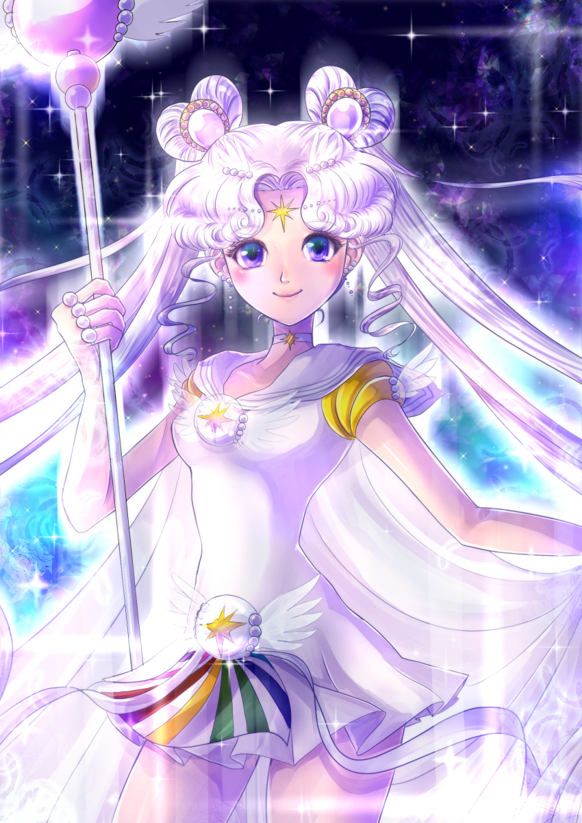 1girl bishoujo_senshi_sailor_moon bishoujo_senshi_sailor_moon_stars blush breasts brooch choker closed_mouth commentary_request cowboy_shot double_bun dress earrings facial_mark forehead_mark hair_bun hair_ornament happy heart_hair_bun highres holding holding_wand jewelry konna-nani light_purple_hair long_hair looking_at_viewer magical_girl medium_breasts parted_bangs purple_eyes sailor_collar sailor_cosmos sailor_senshi_uniform shirt short_dress smile solo sparkle standing star_(sky) star_(symbol) star_brooch star_facial_mark twintails very_long_hair waist_brooch wand white_choker white_dress white_sailor_collar white_shirt wing_brooch winged_wand