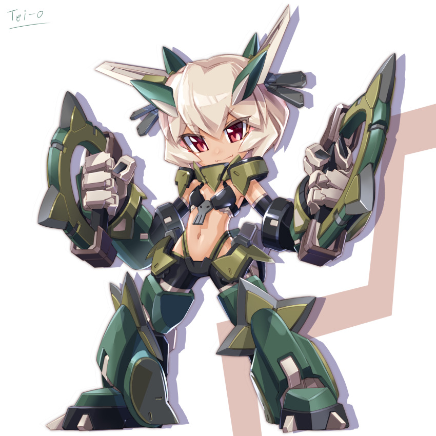 1girl artist_name breasts chibi full_body highres humanization looking_at_viewer mecha_musume navel original personification red_eyes short_hair signature small_breasts smile solo tei-o underwear weapon white_background