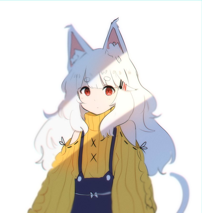 1girl absurdres animal_ear_fluff animal_ears bare_shoulders blunt_bangs cat_ears cat_girl cat_tail clothing_cutout commentary hair_ornament hairclip highres long_hair long_sleeves looking_at_viewer neqo_(character) neqo_(neneneqo) original overalls red_eyes shoulder_cutout skirt solo suspender_skirt suspenders sweater symbol-only_commentary tail white_background white_hair yellow_sweater