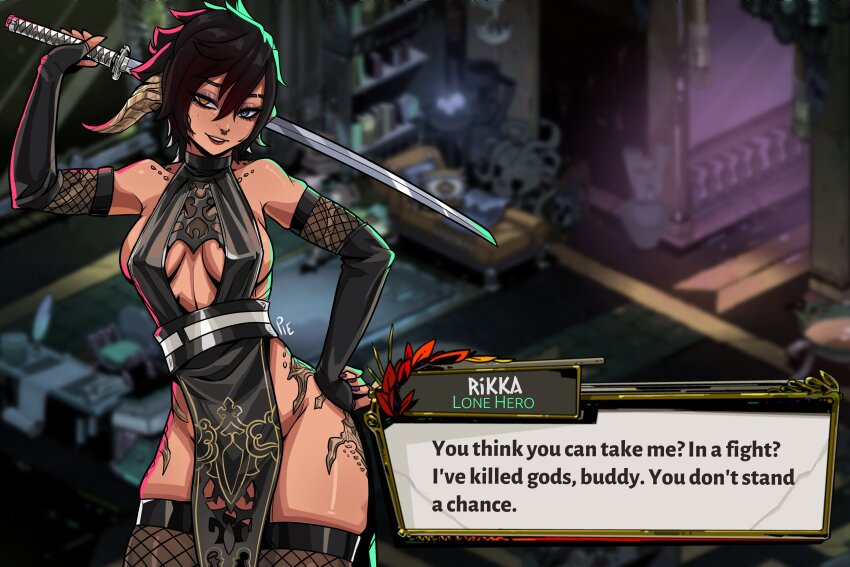 1girl absurdres arm_up au_ra bare_shoulders black_dress black_hair black_lips blue_eyes blurry blurry_background borrowed_character breasts breasts_apart brown_hair center_opening cleavage clothing_cutout clothing_request commentary commission cow_girl cow_horns dark-skinned_female dark_skin detached_sleeves dress elbow_gloves english_commentary english_text face_piercing fake_screenshot female_focus final_fantasy final_fantasy_xiv fingerless_gloves fishnet_pantyhose fishnet_sleeves fishnets gloves gold_trim hades_(series) hades_1 halter_dress halterneck hand_on_own_hip heterochromia highres holding holding_sword holding_weapon horns jewelry_request katana lipstick long_bangs long_eyelashes looking_at_viewer low-cut makeup medium_breasts medium_hair minotaur monster_girl multicolored_hair no_panties nose_piercing nose_ring orange_eyes original over_shoulder pantyhose parody piercing revealing_clothes ribs seductive_smile shiny_skin side_cutout sideboob signature single_horn sleeves_past_fingers sleeves_past_wrists smile solo standing style_parody sword tan thick_thighs thighs toned toned_female two-tone_hair unusualpie warrior_of_light_(ff14) watermark weapon weapon_over_shoulder wide_hips