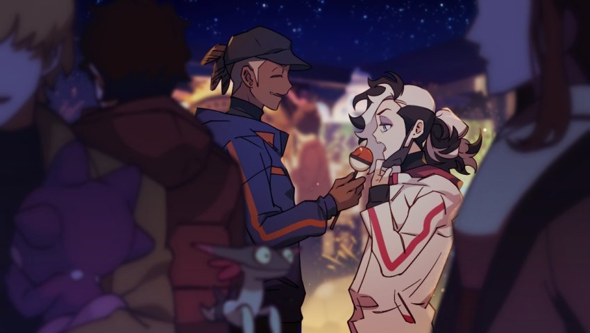 1girl 1other 3boys baseball_cap black_hair black_headwear blurry brown_hair closed_eyes coat commentary_request dark-skinned_male dark_skin dreepy earrings eyeshadow feeding gen_8_pokemon hand_up hat holding jacket jewelry korean_commentary long_sleeves makeup mask mouth_mask multicolored_hair multiple_boys night nintendo open_mouth outdoors piers_(pokemon) poke_ball_theme pokemon pokemon_(creature) pokemon_swsh raihan_(pokemon) sky smile star_(sky) toxel two-tone_hair undercut white_coat white_hair zigzagdb