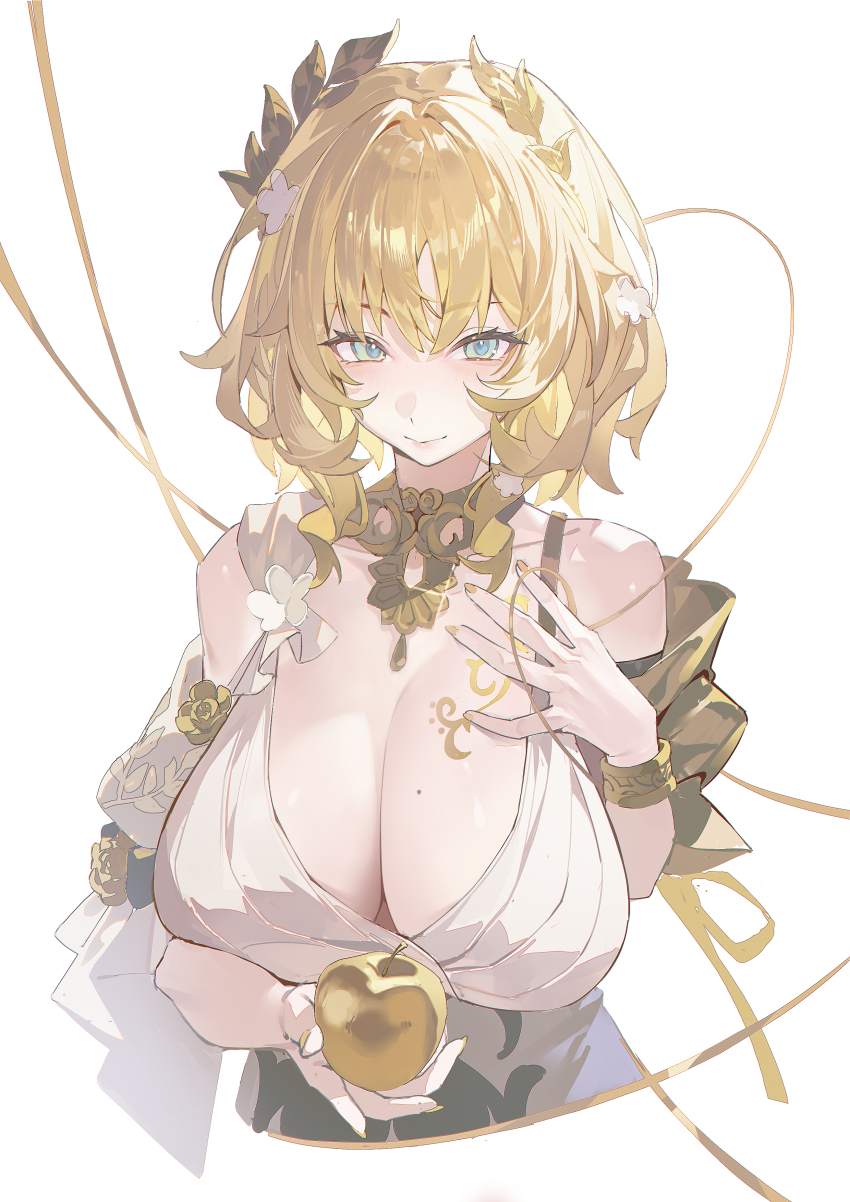 1girl absurdres aglaea_(honkai:_star_rail) apple blonde_hair breasts cleavage dress food fruit golden_apple green_eyes hair_ornament highres honkai:_star_rail honkai_(series) large_breasts lushi_jin_up short_hair upper_body white_dress