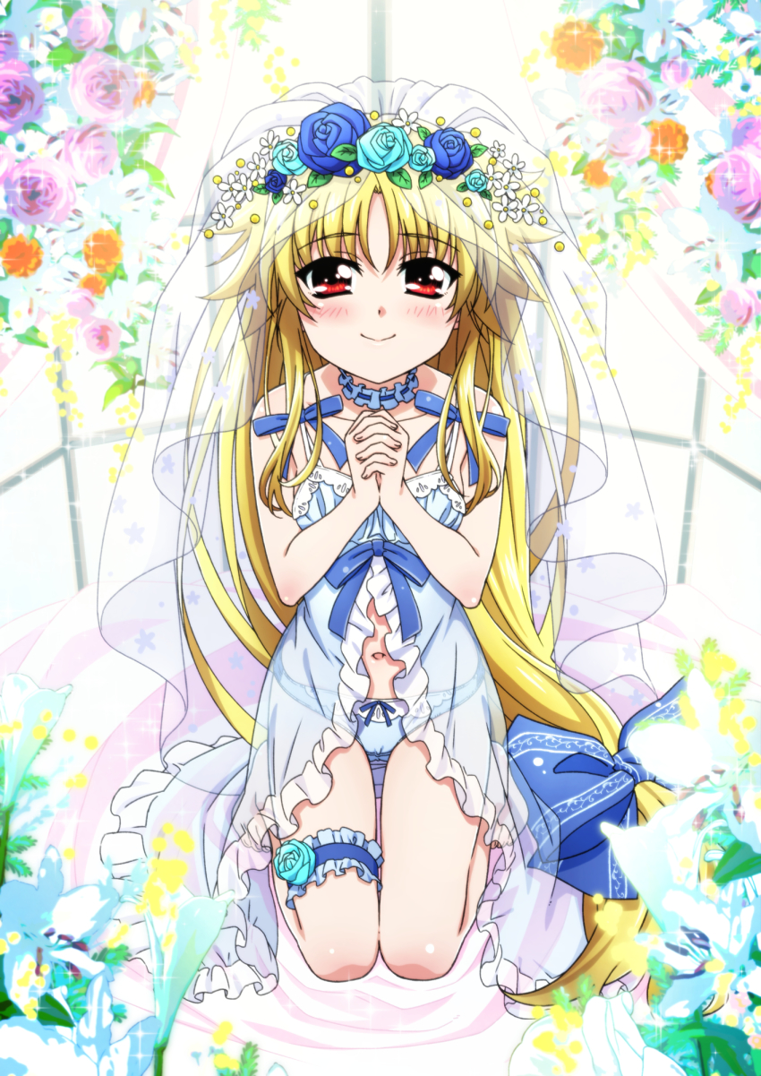 1girl blonde_hair blue_panties blush breasts bridal_veil bride choker closed_mouth collarbone dress eyebrows_hidden_by_hair fate_testarossa flower frilled_choker frills hair_flower hair_ornament highres long_hair looking_at_viewer lyrical_nanoha mahou_shoujo_lyrical_nanoha mahou_shoujo_lyrical_nanoha_a&#039;s miyajima_hitoshi navel own_hands_clasped own_hands_together panties red_eyes rose shiny_skin small_breasts smile solo underwear veil wedding_dress