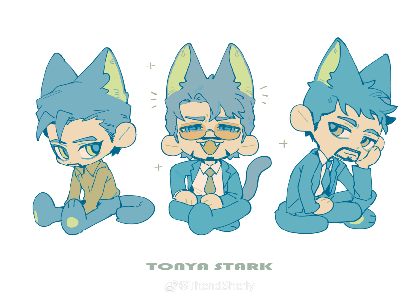 3boys absurdres animal_ears animal_hands avengers_(series) black-framed_eyewear black_hair black_jacket black_pants black_shoes blue_eyes blue_pupils brown_eyes cat_ears cat_paws cat_tail character_name chibi chibi_only closed_mouth collared_shirt facial_hair fangs formal_clothes full_body green_eyes green_necktie green_shirt hand_on_own_face hand_up highres jacket kemonomimi_mode lapels long_sleeves looking_at_viewer male_focus marvel multiple_boys multiple_persona necktie notice_lines open_clothes open_jacket open_mouth orange-tinted_eyewear pants semi-rimless_eyewear shirt shoes short_hair sitting smile sparkle suit suit_jacket sunglasses tail the_avengers:_earth&#039;s_mightiest_heroes! thendsherly tinted_eyewear tony_stark watermark weibo_username weibo_watermark white_shirt