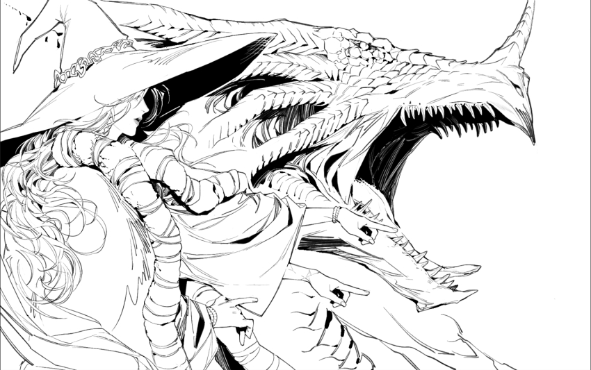 1girl bracelet cloak cracked_skin dragon elden_ring extra_arms from_side glintstone_dragon_adula greyscale hat_ornament jewelry long_hair long_sleeves megasus monochrome open_mouth parted_lips pointing profile ranni_the_witch roaring sharp_teeth simple_background teeth upper_body wide_sleeves witch