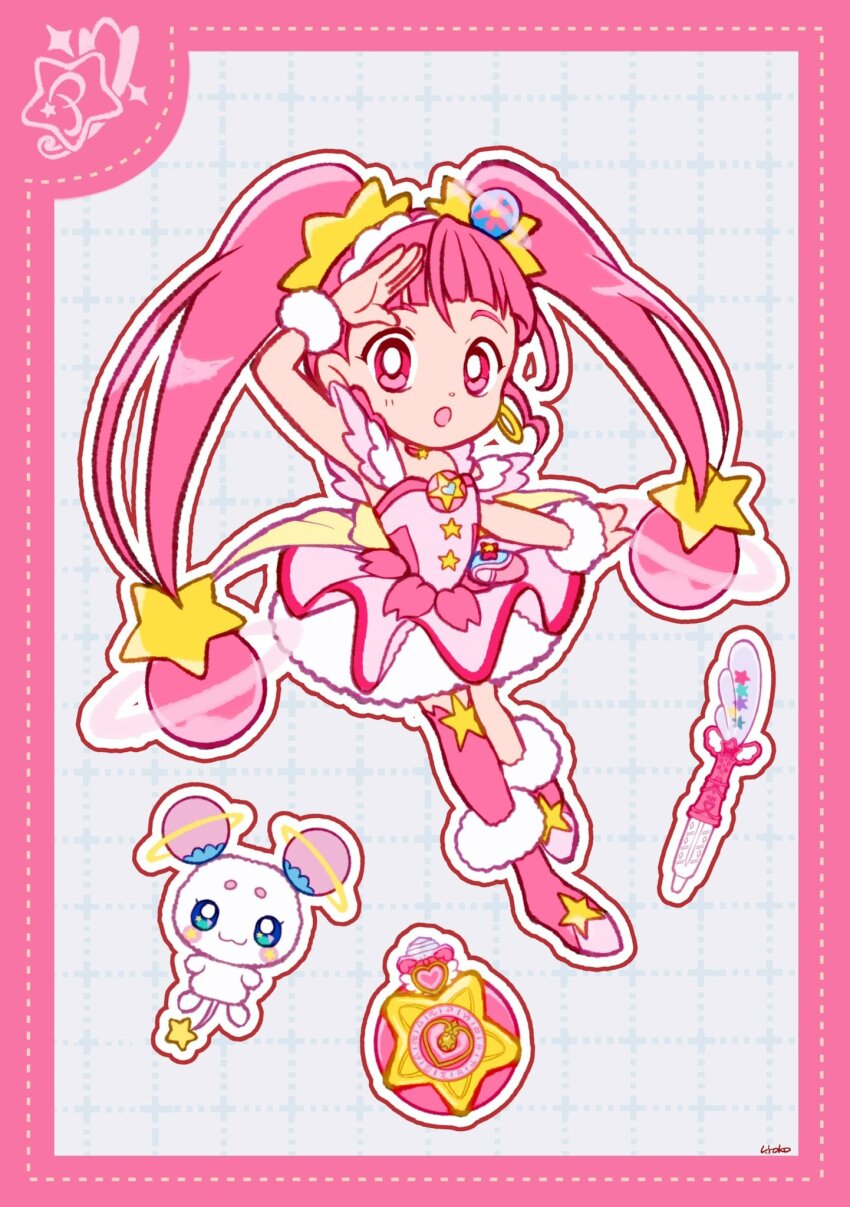 1girl :o bag_bow blunt_bangs boots border bow brooch cure_star deformed dot_nose dotted_line dress earrings full_body fur-trimmed_boots fur_trim fur_wrist_cuffs fuwa_(precure) glowstick gold_earrings grey_background grid_background hair_ornament hair_scrunchie hand_on_own_head highres hoop_earrings hoshina_hikaru jewelry long_hair looking_at_viewer magical_girl open_mouth outline penlight_(glowstick) petticoat pink_bag pink_boots pink_border pink_dress pink_eyes pink_hair pink_thighhighs pleated_dress precure red_bow scrunchie short_dress short_sleeves signature single_thighhigh star_(symbol) star_button star_hair_ornament star_print star_twinkle_precure tareme thighhighs uwded_207 very_long_hair waist_bag white_outline white_sleeves white_wrist_cuffs wrist_cuffs yellow_scrunchie