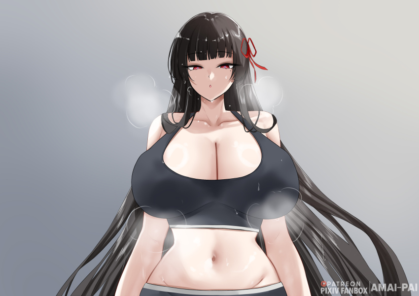 1girl :o absurdres amai-pai bare_arms black_hair black_sports_bra blunt_bangs breasts chisa_(wuthering_waves) cleavage collarbone commentary_request grey_background hair_ribbon heavy_breathing highres huge_breasts large_breasts long_hair mole mole_under_eye navel open_mouth red_eyes red_ribbon ribbon sidelocks solo sports_bra steam stomach upper_body very_long_hair wide_hips wuthering_waves
