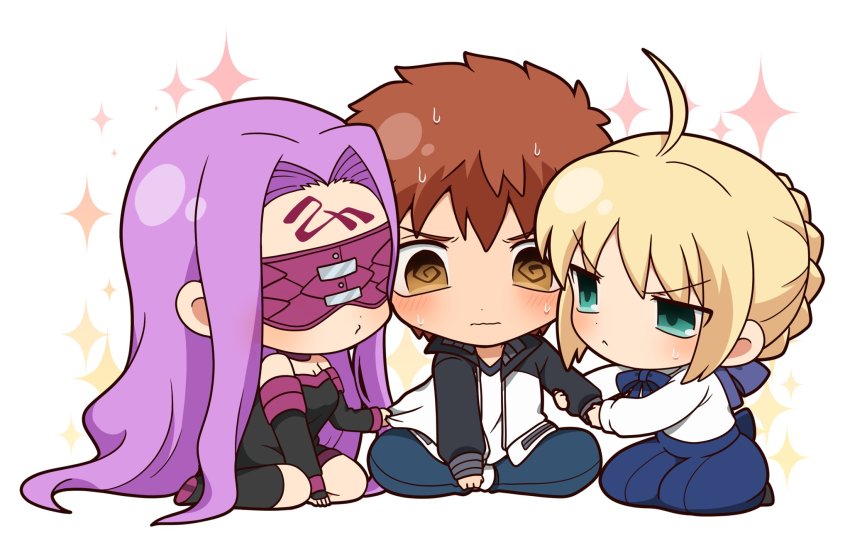 1boy 2girls @_@ ahoge artoria_pendragon_(fate) black_footwear black_sleeves blindfold blonde_hair blouse boots chibi collar detached_sleeves dress emiya_shirou facial_mark fate/stay_night fate_(series) forehead_mark green_eyes highres long_hair long_sleeves medusa_(fate) medusa_(rider)_(fate) multiple_girls orange_hair purple_collar purple_hair raglan_sleeves saber_(fate) shirt short_dress skirt strapless strapless_dress thigh_boots thighhighs tsubuta_hiro very_long_hair white_shirt yellow_eyes