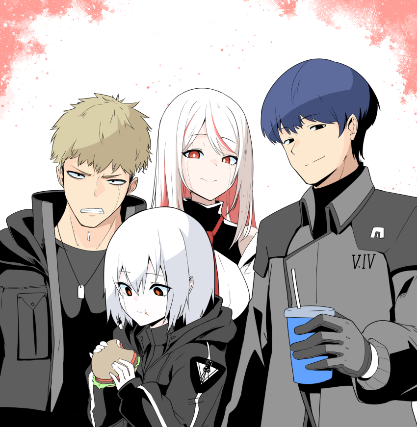 2boys 2girls 621_(armored_core_vi) armored_core armored_core_vi:_fires_of_rubicon ayre_(armored_core_vi) black_jacket black_undershirt blonde_hair blue_hair burger clenched_teeth closed_mouth commentary_request cup dog_tags drinking_straw eating food food_on_face g5_iguazu_(armored_core_vi) gloves grey_gloves grey_hair grey_jacket highres holding holding_burger holding_cup holding_food hood hooded_jacket jacket long_sleeves looking_at_viewer multicolored_hair multiple_boys multiple_girls open_mouth red_eyes short_hair smile streaked_hair tachi_(bokarokazoku) teeth two-tone_hair v.iv_rusty