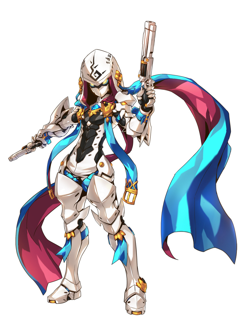 1boy absurdres armor blackjd83 chung_seiker deadly_chaser_(elsword) dual_wielding elsword full_body game_cg gauntlets gloves greaves gun helm helmet highres holding male_focus official_art scarf second-party_source tachi-e transparent_background weapon white_helmet