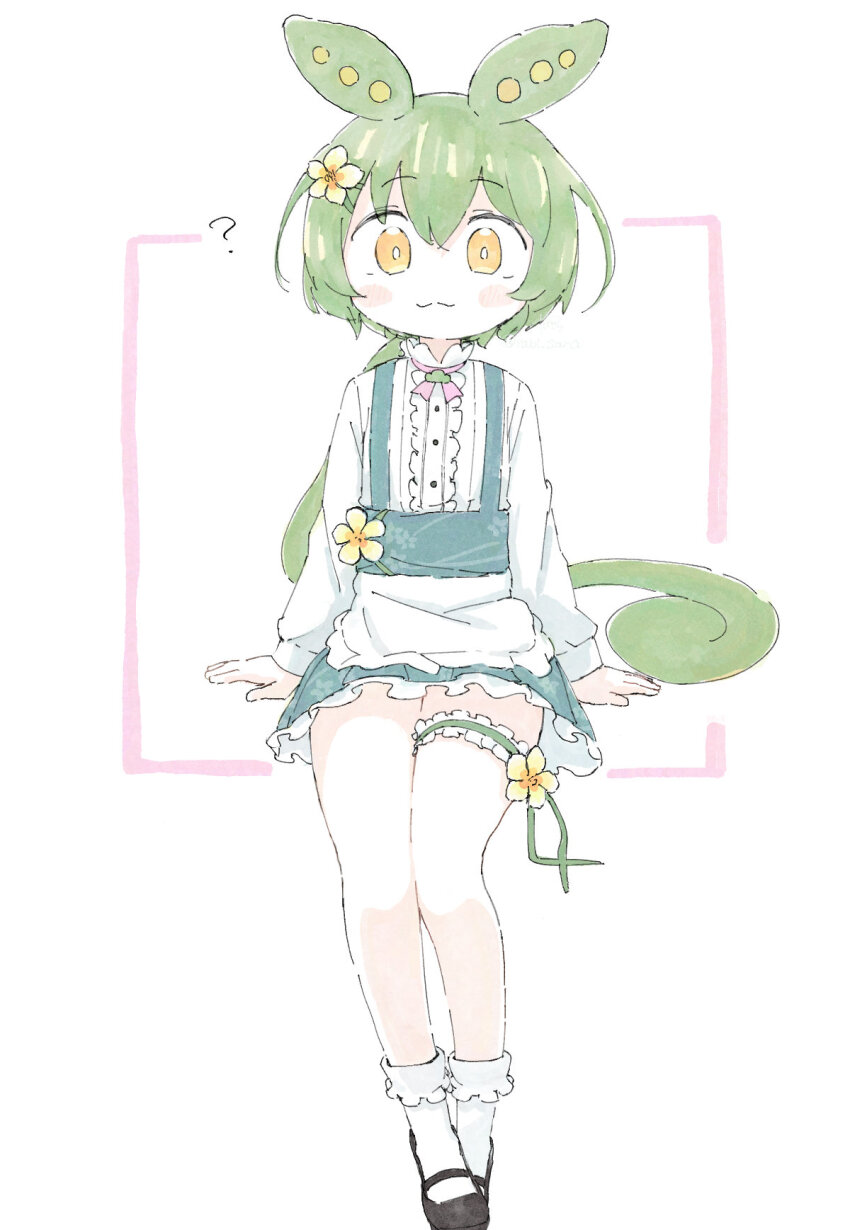 1girl :3 ? apron black_shoes blue_skirt center_frills closed_mouth commentary_request edamame flower flower_ornament frilled_skirt frilled_straps frills full_body green_brooch green_hair hair_between_eyes hair_flower hair_ornament highres light_blush long_hair looking_ahead low_ponytail mary_janes ponytail shirt shoes simple_background sitting skirt smile socks solo straight-on suspender_skirt suspenders thigh_strap voicevox waitress_zundamon white_background white_shirt white_socks yabisara yellow_eyes yellow_flower zundamon