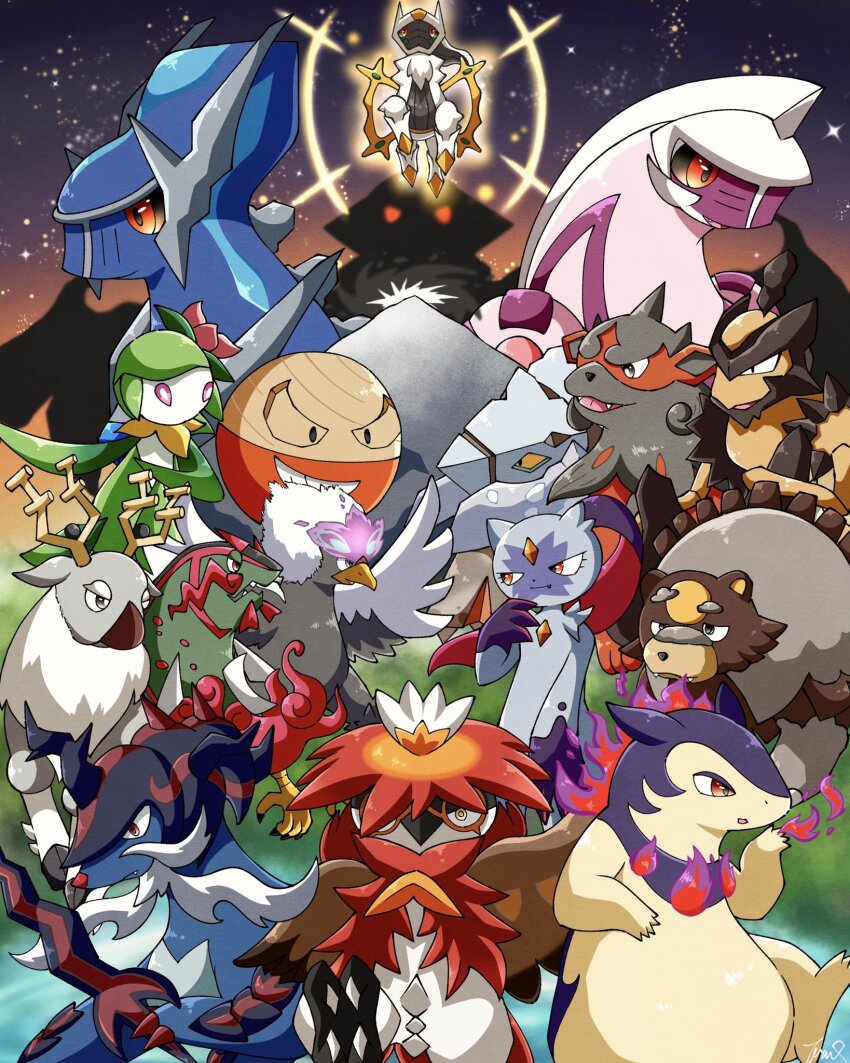 antlers arceus basculegion basculegion_(male) beak bear black_sclera blue_skin bright_pupils claws closed_mouth colored_sclera colored_skin commentary_request deer dialga eyelashes fang fangs fish floating forehead_jewel gen_4_pokemon giratina gradient_sky green_sclera grey_fur highres hisuian_arcanine hisuian_avalugg hisuian_braviary hisuian_decidueye hisuian_electrode hisuian_lilligant hisuian_samurott hisuian_typhlosion horns kleavor legendary_pokemon mane mountain mythical_pokemon night night_sky nintendo no_humans open_mouth palkia pokemon pokemon_(creature) pokemon_legends:_arceus red_eyes single_horn skin_fangs sky smile sneasler snout star_(sky) teeth teruru_483 ursaluna white_fur white_pupils wings wyrdeer