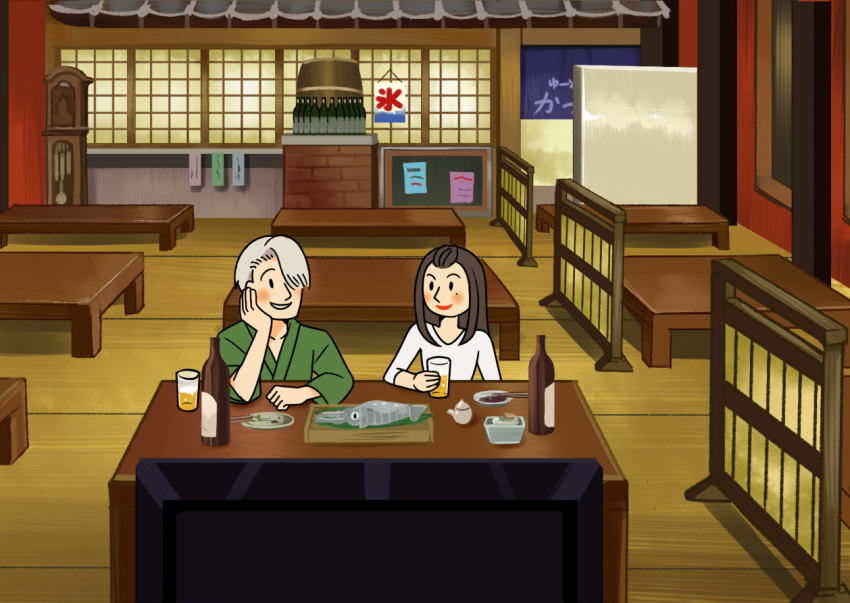 1boy 1girl alcohol bangs_pinned_back bottle brown_hair head_rest cup drinking_glass hair_over_one_eye japanese_clothes jinbei_(clothes) mole mole_under_eye okukawa_minako open_mouth silver_hair sitting smile squid table television twc_(p-towaco) viktor_nikiforov yuri!!!_on_ice
