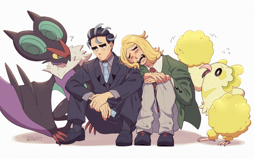 2boys ? batabiru black_hair black_pants black_suit blonde_hair blue_necktie closed_eyes collared_shirt crying dated film_grain formal_clothes full_body gen_6_pokemon gen_7_pokemon green_jacket grey_hair grey_pants grey_shirt hands_on_own_knees hassel_(pokemon) highres jacket larry_(pokemon) long_sleeves male_focus medium_hair multicolored_hair multiple_boys necktie nintendo noivern open_clothes open_jacket open_mouth oricorio oricorio_(pom-pom) pants parted_bangs pokemon pokemon_(creature) pokemon_sv red_necktie shirt short_hair sitting streaked_hair suit suit_jacket thick_eyebrows twitter_username two-tone_hair