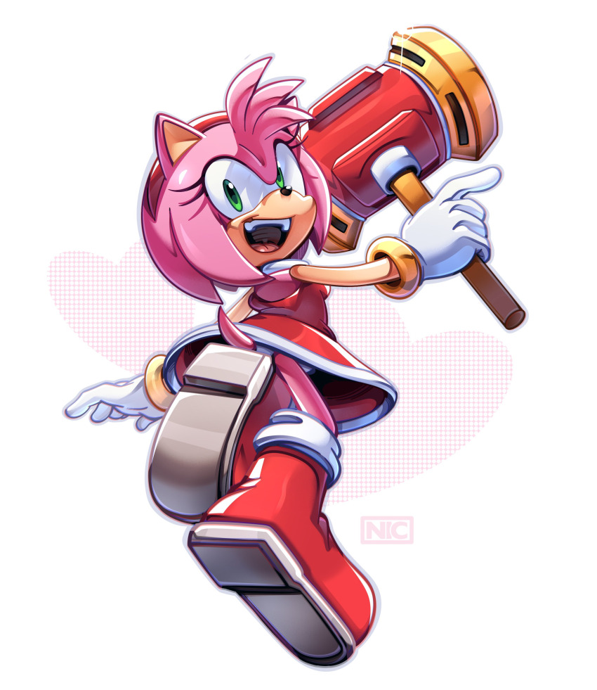 1girl absurdres amy_rose bare_legs boots bracelet child dress eyelashes gloves green_eyes hairband hammer highres jewelry legs looking_back medium_hair panties pink_fur pink_hair red_dress sega smile sonic_(series) tail thatbirdguy_ toy_hammer underwear white_panties