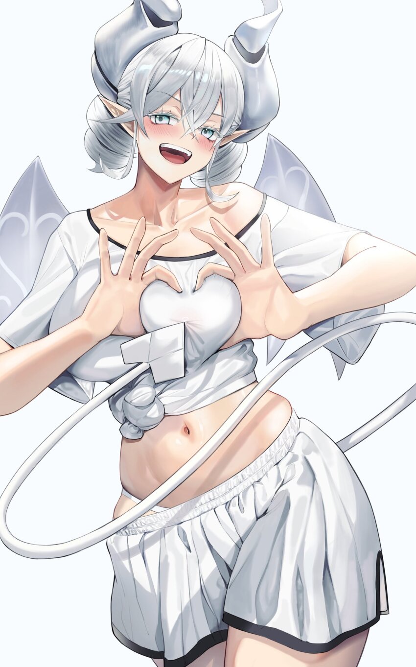 1girl blush breasts cleavage collarbone demon_girl demon_horns demon_wings duel_monster four-finger_heart_hands heart heart-shaped_boob_challenge heart_hands highres horns large_breasts looking_at_viewer lovely_labrynth_of_the_silver_castle low_wings navel nipple_press nipple_stimulation nipples open_mouth pointy_ears sayaka_ikku simple_background smile solo thighs twintails white_background white_horns wings yu-gi-oh!
