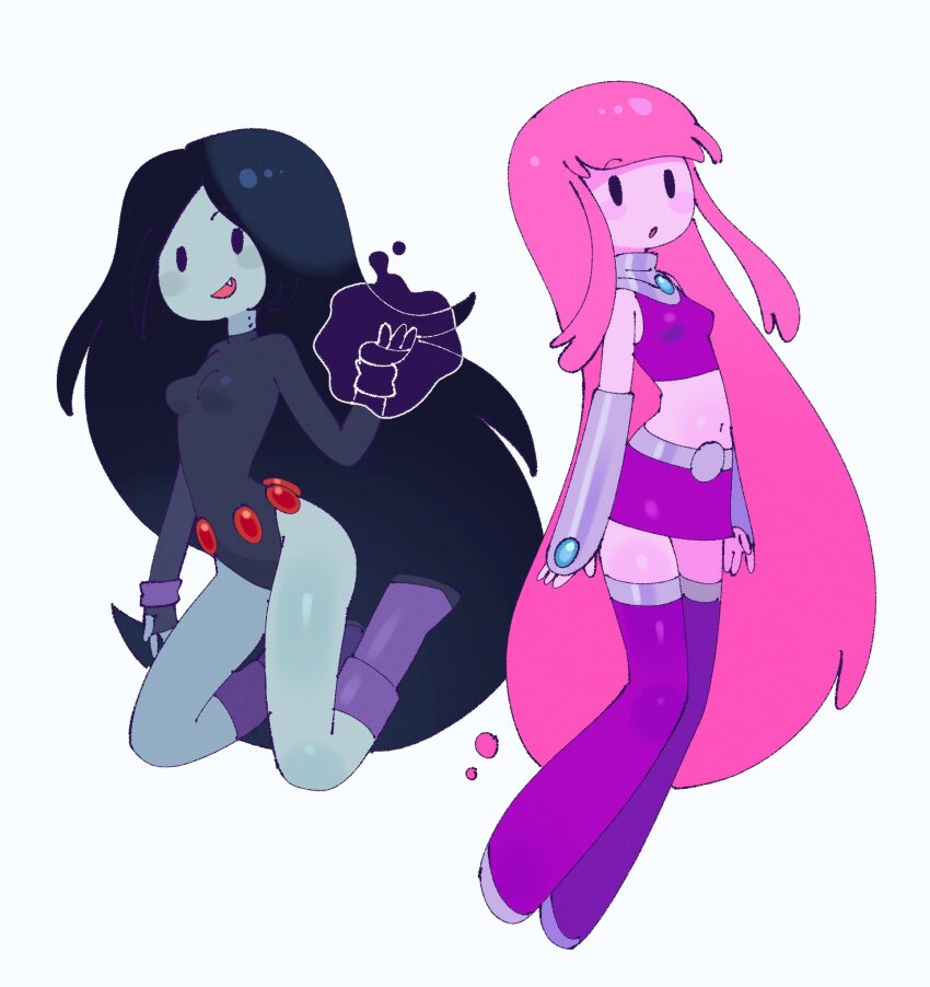 2girls :d :o adventure_time alternate_costume batrobin_k bite_mark black_eyes black_hair blunt_bangs boots breasts colored_skin commentary cosplay dc_comics fang fang_out full_body grey_skin highres hynden_walch leotard long_hair looking_at_viewer marceline_abadeer medium_breasts multiple_girls navel open_mouth pink_hair pink_skin princess_bonnibel_bubblegum raven_(dc) raven_(dc)_(cosplay) shiny_skin simple_background sleeved_leotard smile starfire starfire_(cosplay) superhero_costume symbol-only_commentary teen_titans thigh_boots vampire very_long_hair voice_actor_connection white_background y2k_fashion