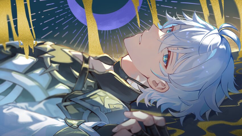1boy absurdres antenna_hair black_choker black_gloves black_shirt blue_eyes choker coat commentary dripping fingerless_gloves from_side gloves hair_between_eyes highres honkai:_star_rail honkai_(series) kanangnsn liquid_gold looking_at_viewer lying male_focus on_back parted_lips phainon_(honkai:_star_rail) shirt short_hair solo sun_symbol sun_tattoo tan white_coat white_hair