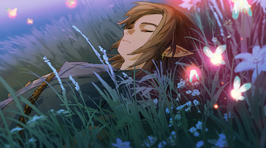 1boy absurdres ashorz blonde_hair closed_eyes earrings fireflies flower grass highres jewelry link lying male_focus medium_hair nature night nintendo on_back on_grass on_ground outdoors pointy_ears the_legend_of_zelda upper_body white_flower