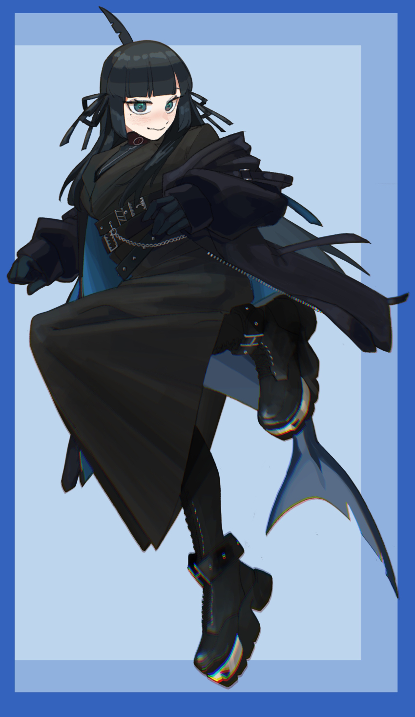 1girl absurdres artemis_of_the_blue atelier_live belt billyonthestraw black_footwear black_hair black_jacket blue_background blue_border blue_eyes blunt_bangs border chain chromatic_aberration closed_mouth commentary english_commentary full_body gloves hair_ribbon highres jacket mole mole_under_eye multiple_belts off_shoulder official_alternate_costume ribbon shark shark_fin shark_girl sharp_tail solo steel-toe_boots virtual_youtuber